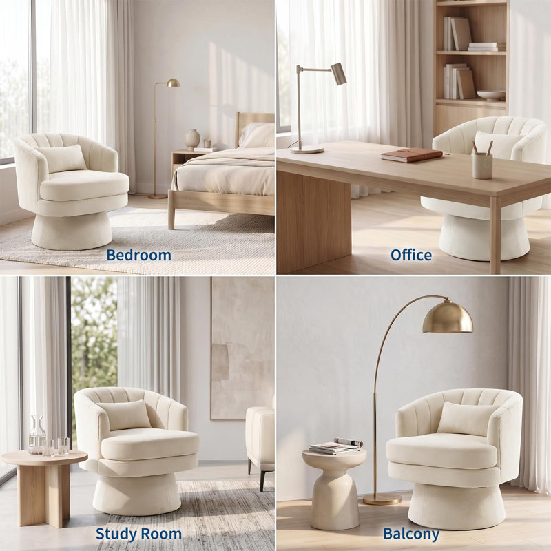 Fauteuil d'appoint pivotant en tonneau avec rembourrage moelleux et coussin lombaire à 360 °, Beige Velvet