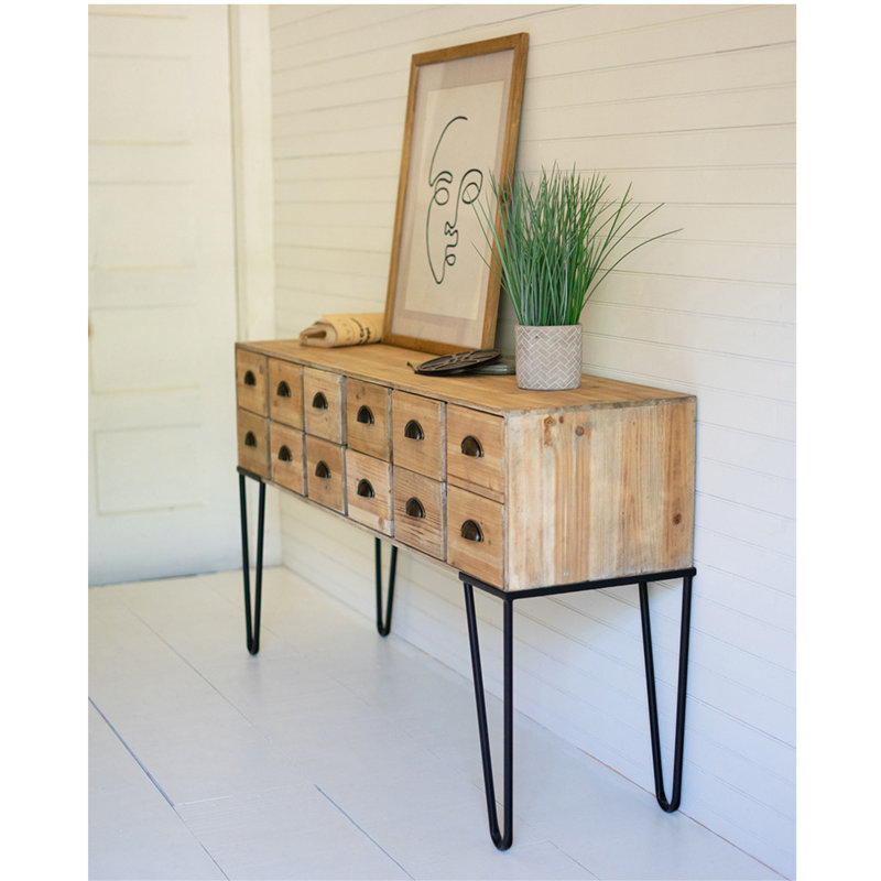 Brown Mid-Century Light Wood Console Table with Iron Legs