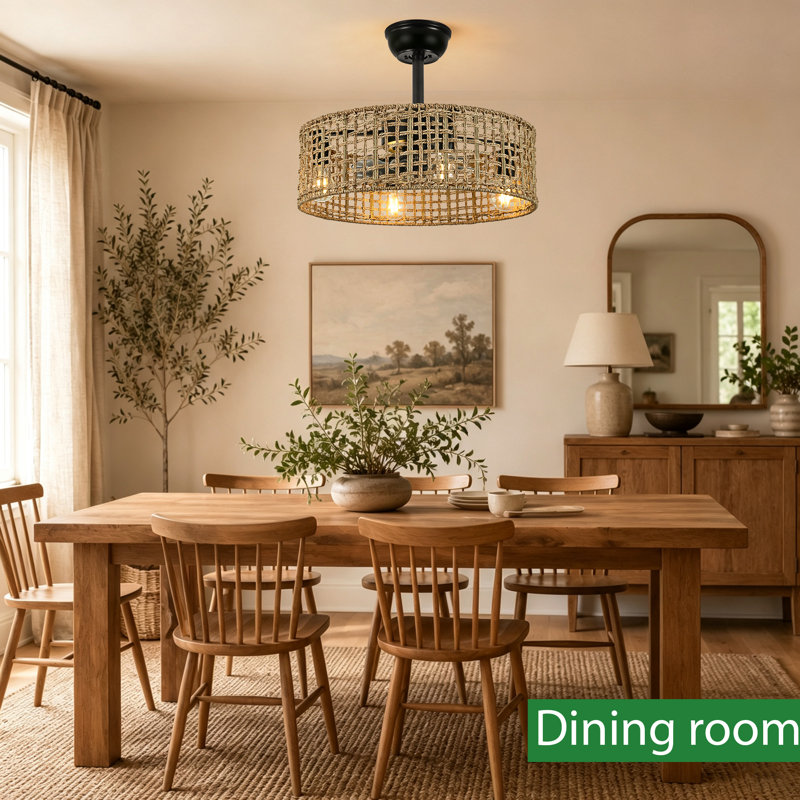 Ventilateur de plafond bohème en rotin de 50 cm avec éclairage intégré, lustre pour salle à manger, tressé à la main, sans assemblage, quincaillerie dorée, luminaire en osier de style campagnard ou côtier pour cuisine, salon, chambre ou hall d'entrée