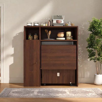 Folding Dining Table And Storage Sideboard With Charging Station, Multifunctional Space-Saving Kitchen Table With Wheels