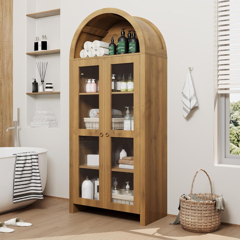 Armoire de cuisine de 70 po de hauteur arquée avec portes en acrylique - Armoire de rangement en bois à 5 niveaux avec tablettes réglables