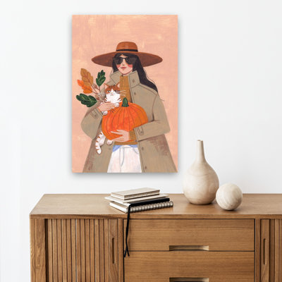 Femme en automne aux tons chauds de la terre, élégante et abstraite, portrait contemporain de chat en automne, impression d'art mural