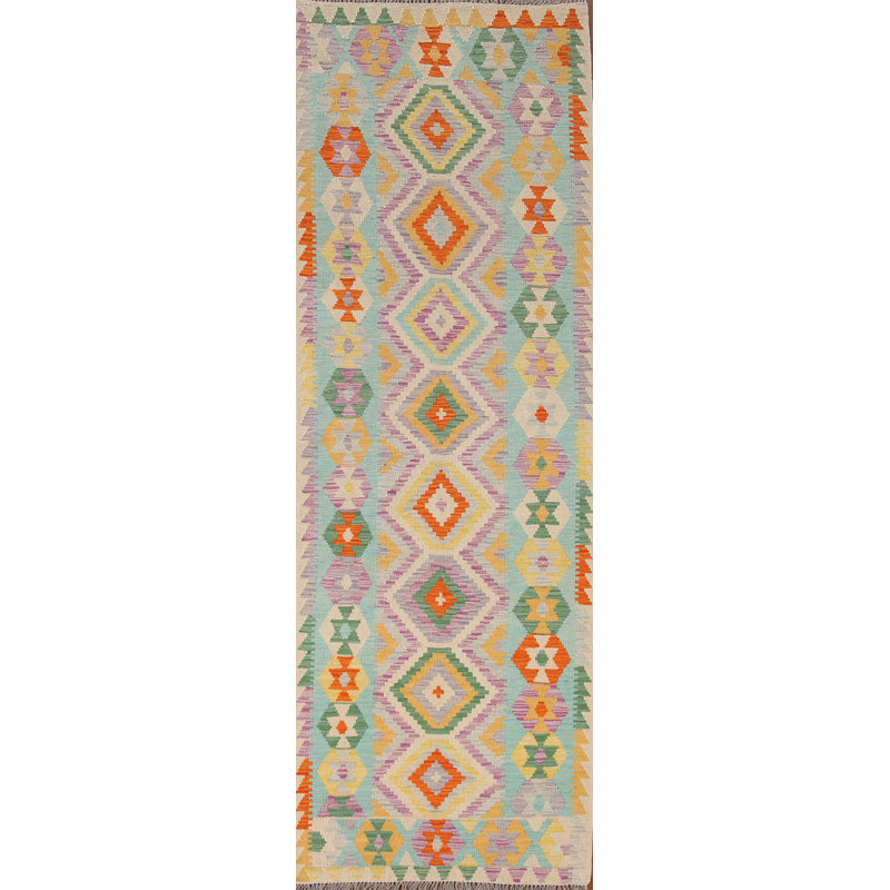 Geometric Kilim Wool Runner Rug 3x10