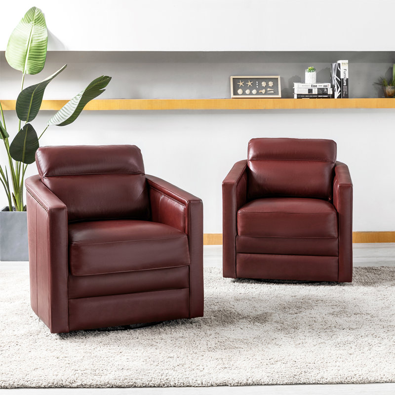 Marion 28.74'' Wide Genuine Leather Swivel Chair (Set of 2), Burgundy Genuine Leather