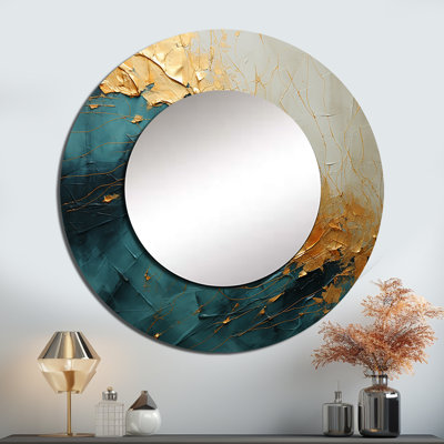 «Gold and Blue Paint Fusion II», peinture abstraite, miroir mural rond beige, impression sur métal