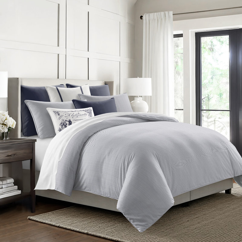 Jaxon Stripe Reversible Cotton Comforter Set, Full Comforter + 2 Standard Shams, Indigo