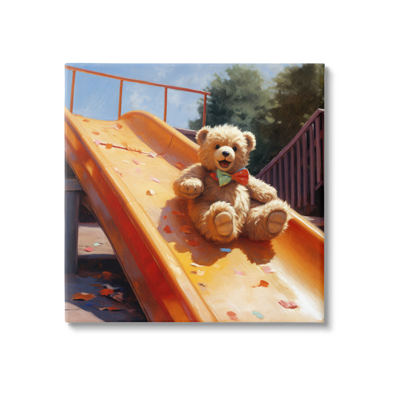 ba-972-Framed Teddy Bear on Slide by Ray Powers Single Picture Frame Print on Canvas, White Single Picture Framed