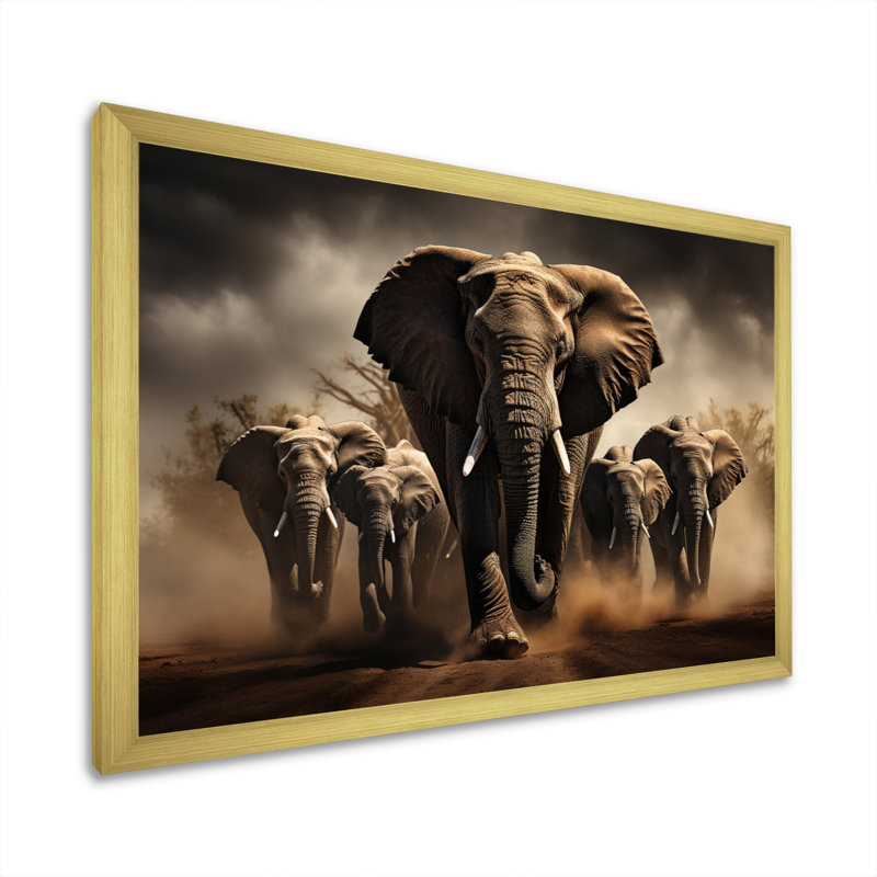 Éléphant harmonie en monochrome III - Éléphant, reproduction sur toile encadrée, Cadre doré simple