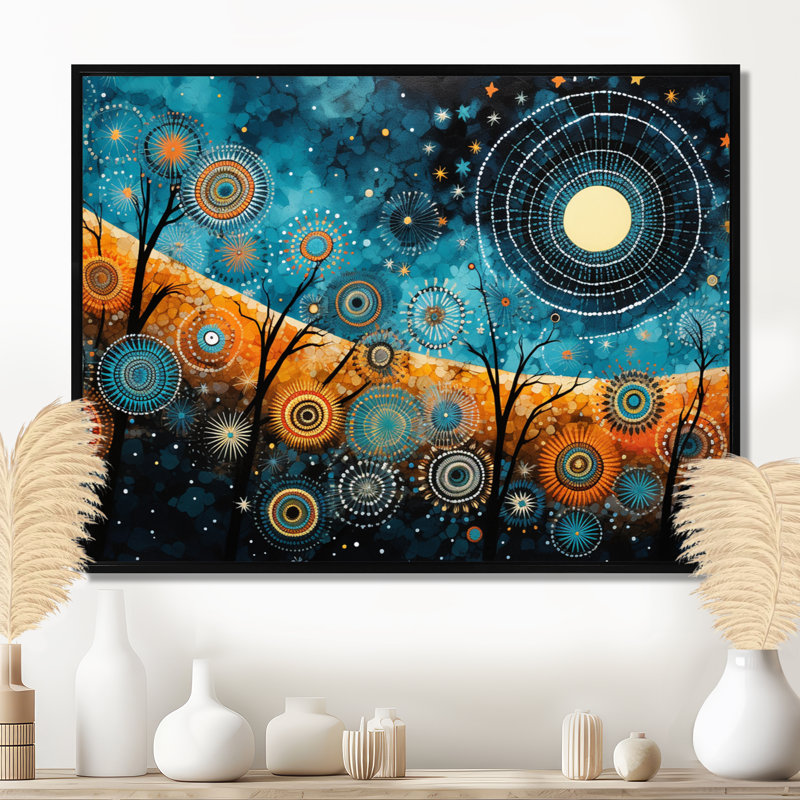 Tribal boho mosaïque lune - art mural mosaïque grand bohème, Cadre flottant noir, H 24 po x l 32 po x P 1 po