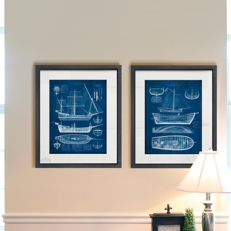«Antique Ship Blue Print», ensemble de 2 reproductions d'art sur papier encadrées