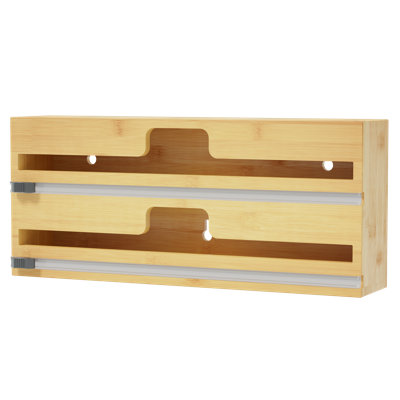 WrapNeat 2-in-1 Wrap Organizer with Cutter & Labels, Bamboo Dispenser for Plastic Wrap, Aluminum Foil & Wax Paper, Fits 12" Rolls