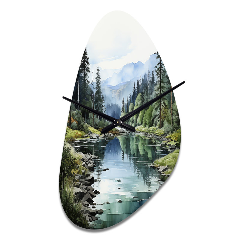 Vert, bleu, minimalisme, forêt, réflexions - forme unique, horloge murale en métal, Moyenne