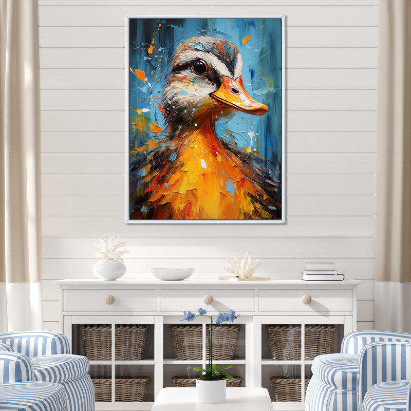 «Blue and Yellow Duck Portrait I - Duck Animal», art mural, Cadre flottant blanc, H 32 po x l 16 po