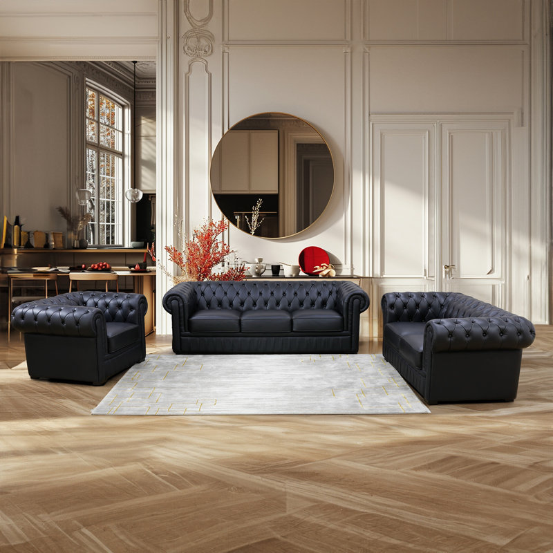 Ensemble de salon en cuir véritable 3 pièces Sahab