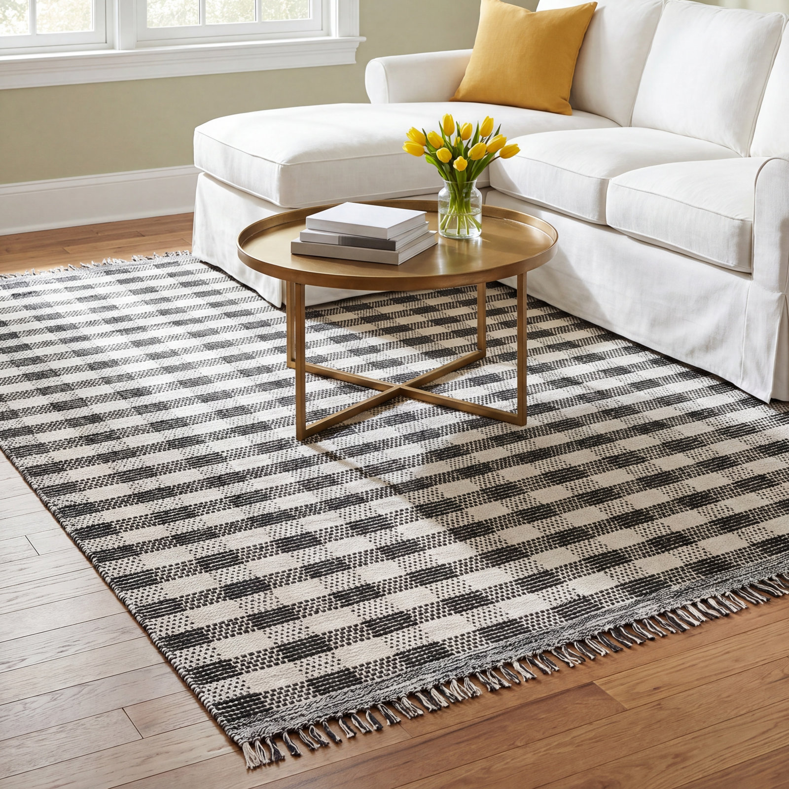 Hutton Black Ivory Hand-Woven Plaid Kilim Rug, Rectangle 8' x 10'