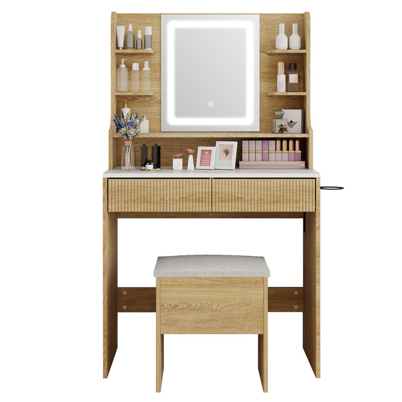 Coiffeuse avec miroir et lumières, coiffeuse 31,4 po avec prise de courant et tabouret de rangement