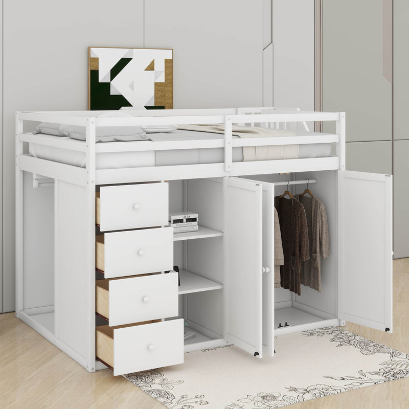 Lit mezzanine double en bois avec armoires, tiroirs et armoires, Blanc
