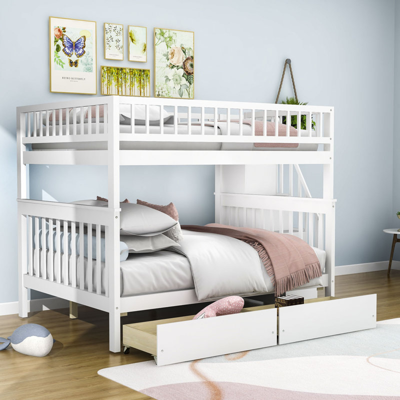 Graner Kids Full Over Full 2 Drawers Wood Bunk Bed with Shelves, White