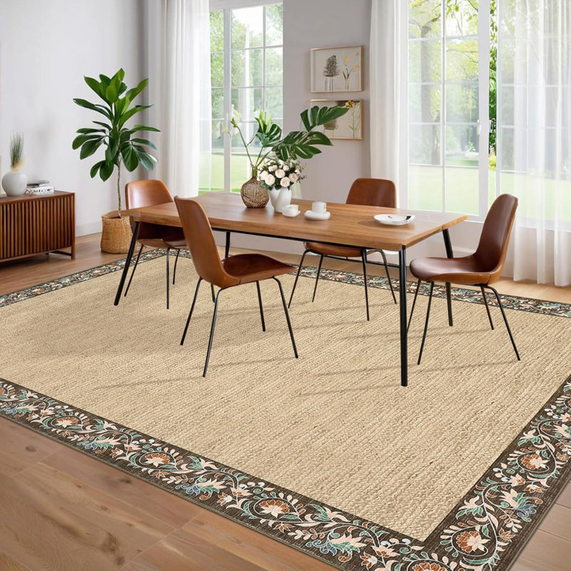 Tapis de cuisine à bordure florale minimaliste, antidérapant et lavable, Rectangulaire 8 pi x 10 pi