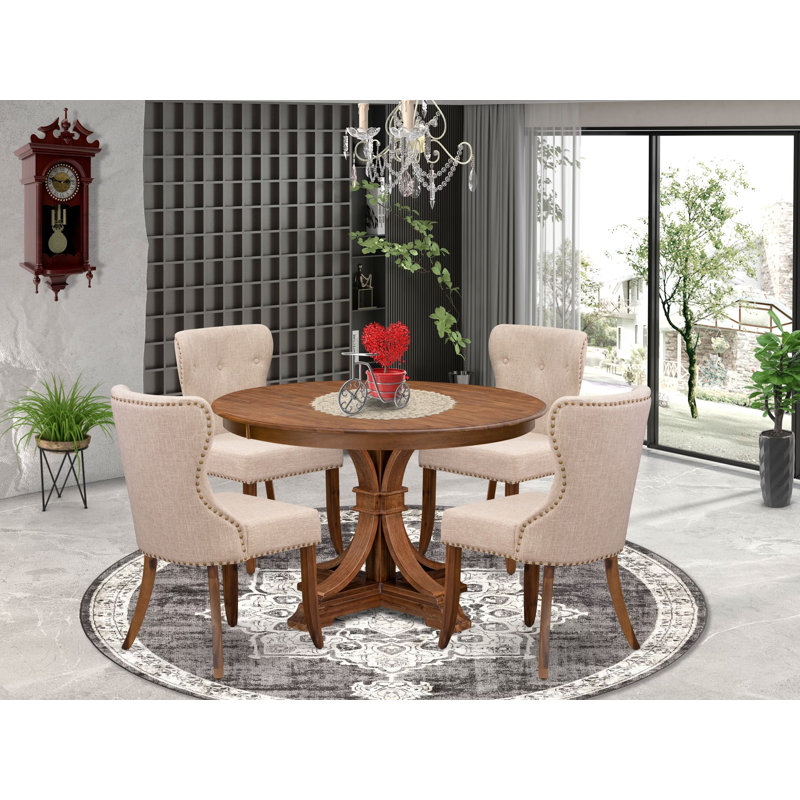 5-Pc Kitchen Set Includes a Pedestal Wooden Round Table and 4 Light Tan Linen Fabric Padded Chairs with Button Tufted- Antique Walnut