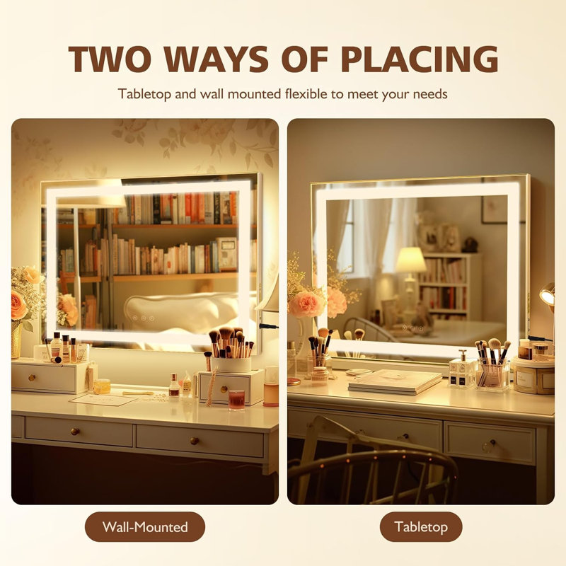 Grand miroir de maquillage de style hollywoodien avec éclairage, 3 modes d'éclairage de couleur, commande tactile, grossissement de 10x