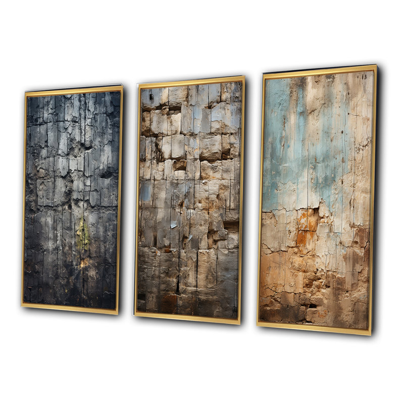 «Hebrew Western Wall Collage III - Judaism», art mural, ensemble de 3, Encadrement doré, H 28 po x l 36 po
