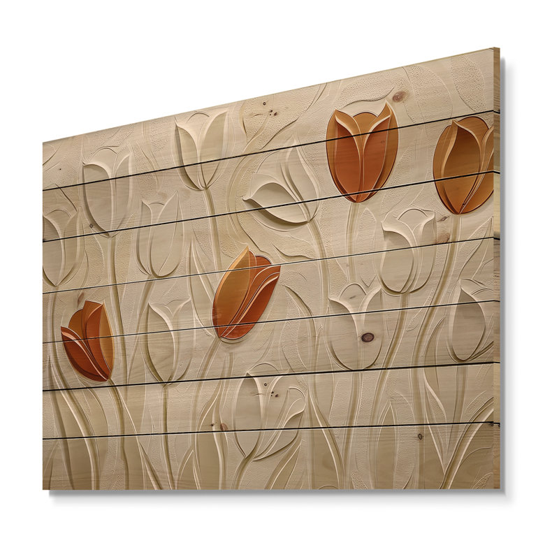 Beauté orange de la prairie des tulipes - Art mural traditionnel sur bois de pin naturel, H 24 po x l 32 po x P 0,78 po