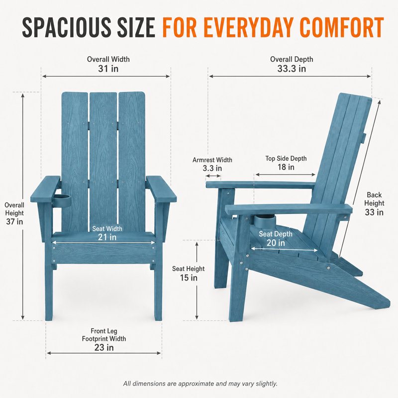 Modern Adirondack Chairs Set of 2 with Cup Holders All Weather HIPS Outdoor Chairs with Wide Armrests Oversized Plastic Patio Lounge for Lawn, Patio and Pool, Blue
