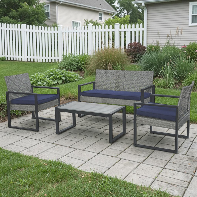 4-Piece Outdoor Conversation Sets With Cushions with Acacia Wood Table Top, Blue Cushion/Gray Frame