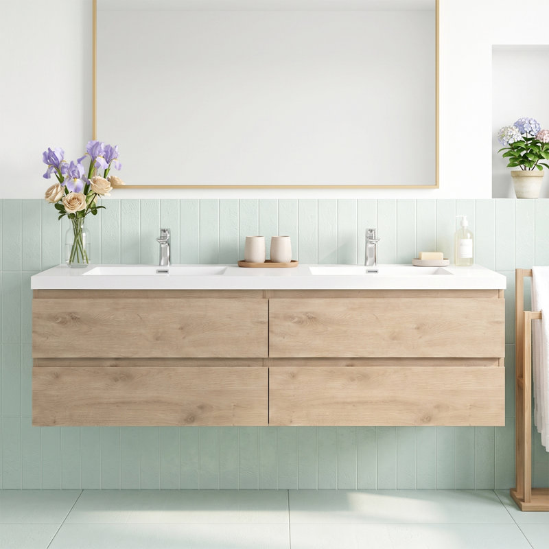 Meuble-lavabo mural de 183 cm (72 po) en chêne MFC avec dessus en résine blanche brute et carbonate de calcium, deux tiroirs coulissants en forme de U à fermeture douce, préassemblé