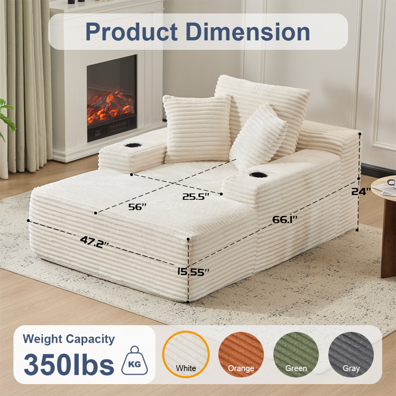 Oversized 66.2In Compression Corduroy Chaise Lounge for Living Room, Modern Deep Seat Cloud Couch with High Resilience Foam, No Assembly Upholstered Lounge Sofa with Cup Holders, Pet Friendly Comfy Textured Sofa Couch for Bedroom Home Theater
