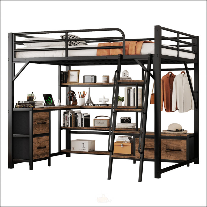 Grand lit mezzanine avec bureau et DEL, Grand lit