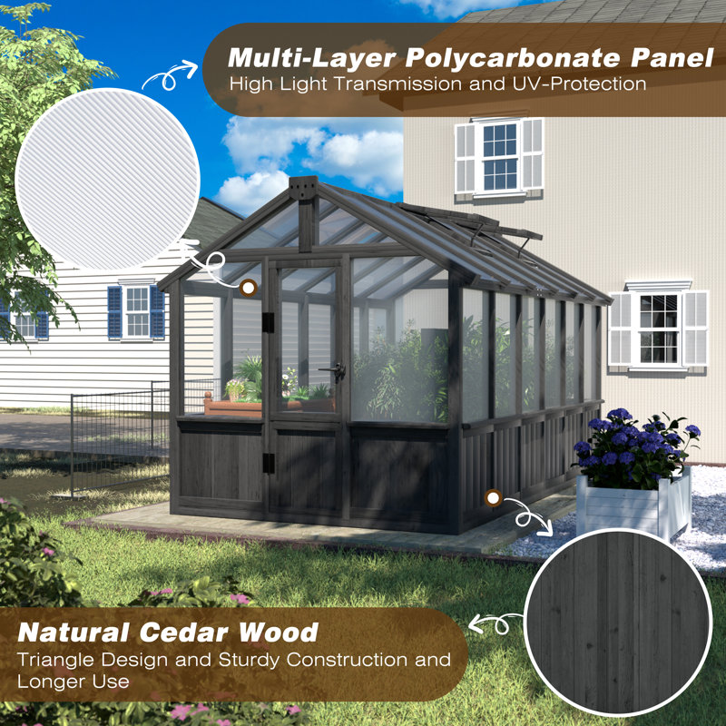 Outdoor Wooden Polycarbonate Greenhouse 6x12Ft, 143.46" D