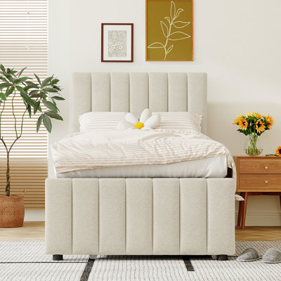 Linen Twin Upholstered Platform Bed With Trundle And Beige Aesthetic Storage Drawers In
