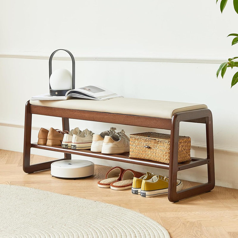Banc à chaussures à 2 niveaux en bois massif - Banc de rangement d'entrée moderne Mid-Century avec coussin en similicuir, repose-pieds pour le couloir et le salon