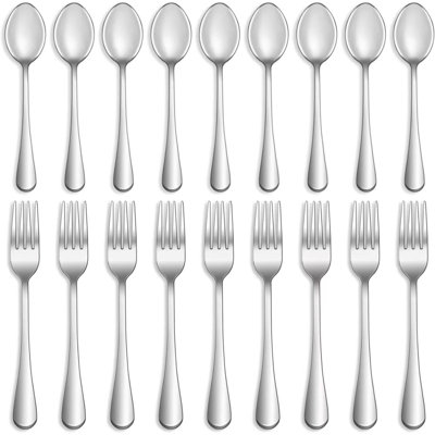 Ensemble de 16 couverts fourchettes et cuillères 16 pièces, couverts en acier inoxydable de qualité alimentaire pour la maison, la cuisine et le restaurant, poli miroir, va au lave-vaisselle - 8 fourchettes de table et 8 cuillères à café