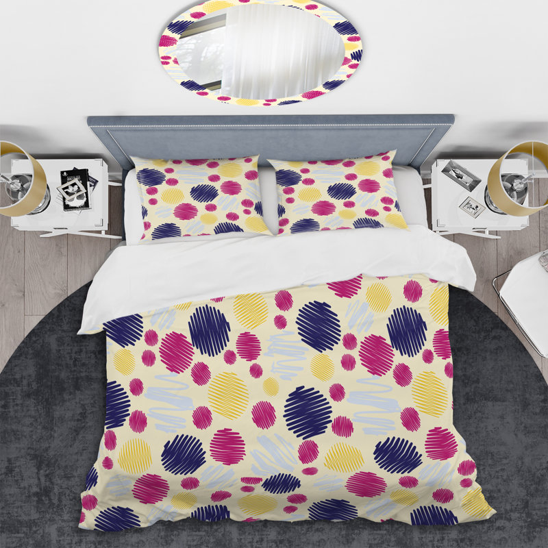 Motif de cercles bleus et roses - ensemble de housse de couette abstrait - microfibre de polyester
