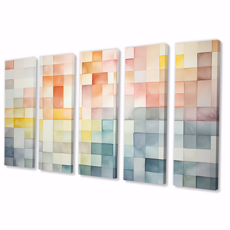 Motif de cubes multicolores II - ensemble géométrique abstrait 5 pièces, H 28 po x l 60 po