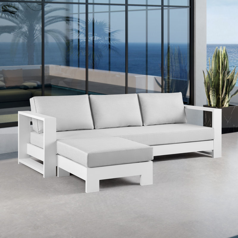 Hoyt 92.52" Outdoor Aluminum Sofa with Optional 27.56" Versatile Ottoman, Slate Black, Light Gray, No