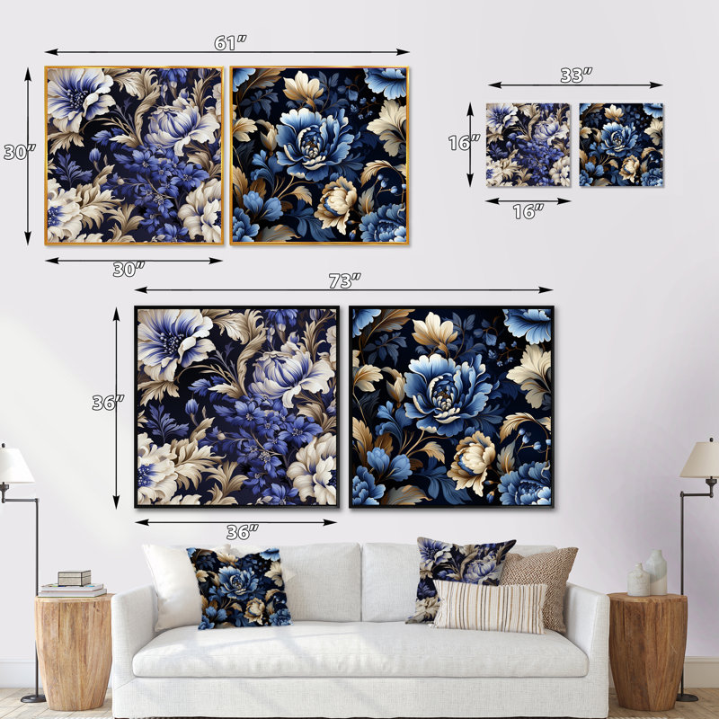 Solihull - Ensemble de 2 collages carrés floraux, Cadre flottant blanc, H 36 po x l 73 po