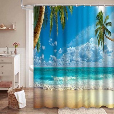 Rideau de douche Shore Ocean Sea Beach Palm Island avec 12 crochets