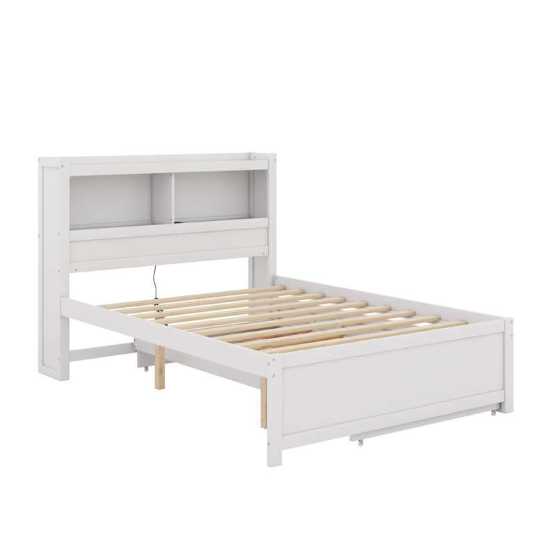 Lit plateforme double avec lit gigogne, tiroirs et port USB, White