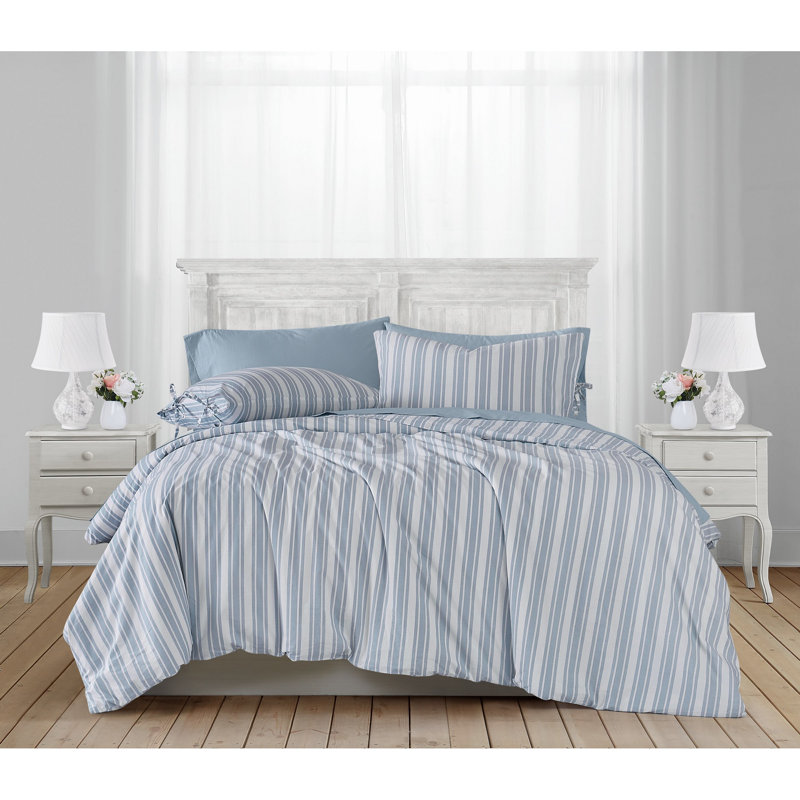 The Farmhouse by Rachel Ashwell Wide Ticking Stripe Comforter Set, Queen Comforter  + 2 Standard Shams, White/Blue