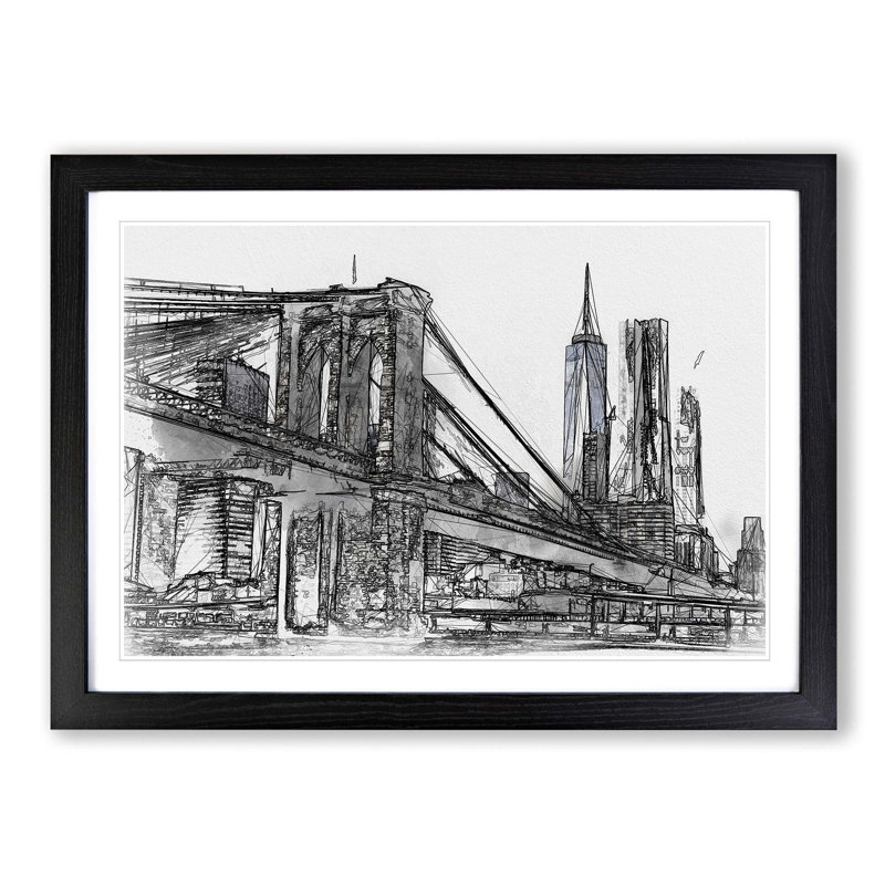 Brooklyn Bridge in New York in Abstract - Picture Frame Graphic Art Print, 62cm H x 87cm W x 2cm D, Black Framed