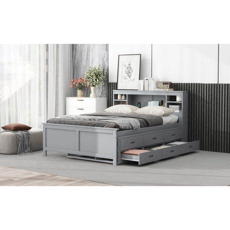 Lit plateforme pleine grandeur gris avec tête de lit, lit gigogne simple et 3 tiroirs - rangement moderne et tête de lit durable