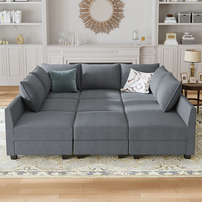Larchmere Modular Sectional Sofa with Storage Ottoman, Bluish Gray Polyester Blend