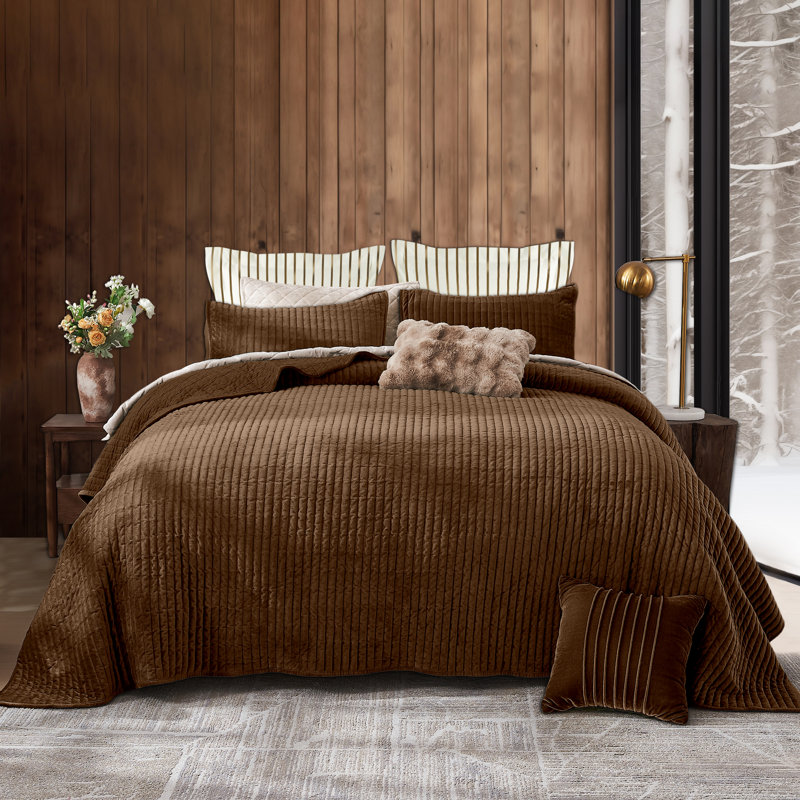 Cocoa Brown Velvet King Quilt Set with Striped Stitching