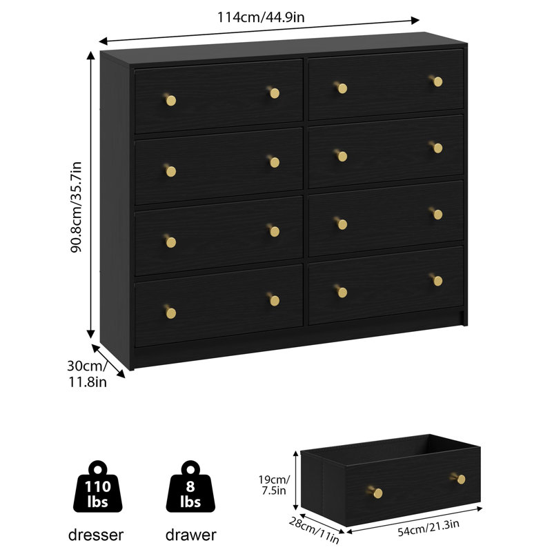 Bimlesh 114cm W 8 - Drawer Chest of Drawers, Black