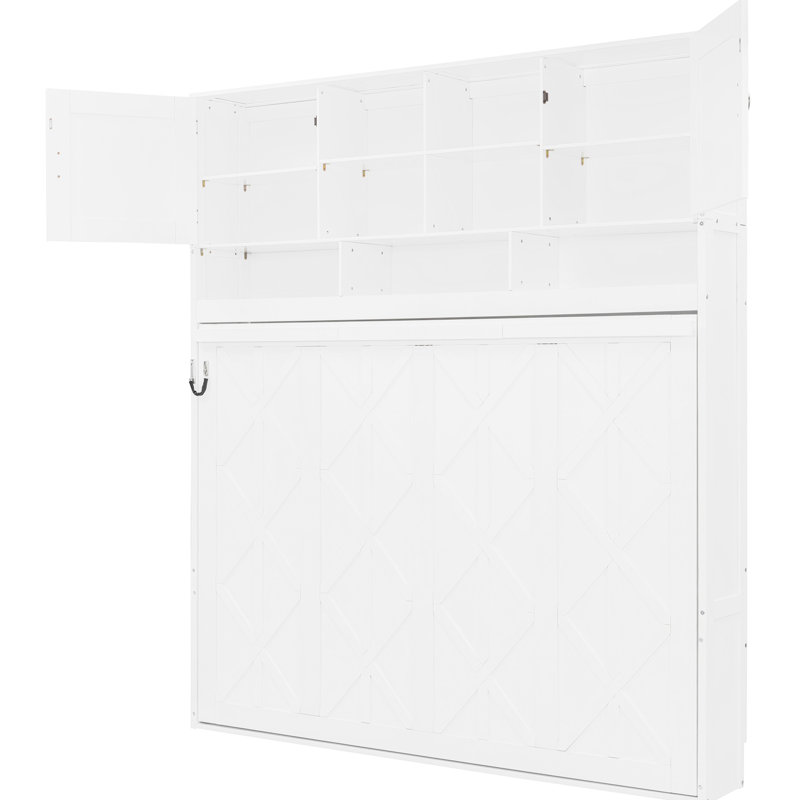 Grand lit blanc à placer au mur, avec beaucoup de rangement, esthétique rayée à losanges et 6 lits compatibles avec un matelas de 8 pouces, équipé de panneaux abondants, capacité de poids de 600 lb