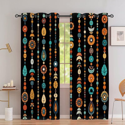 2Pcs Bohemian Geometric Beaded Print Grommet Blackout Curtains, Retro Ethnic Pattern, Polyester Window Drapes, Thermal Insulated Noise Reducing & Privacy Protection, Room Darkening Stylish Indoor Home Decor for Bedroom, Living Room